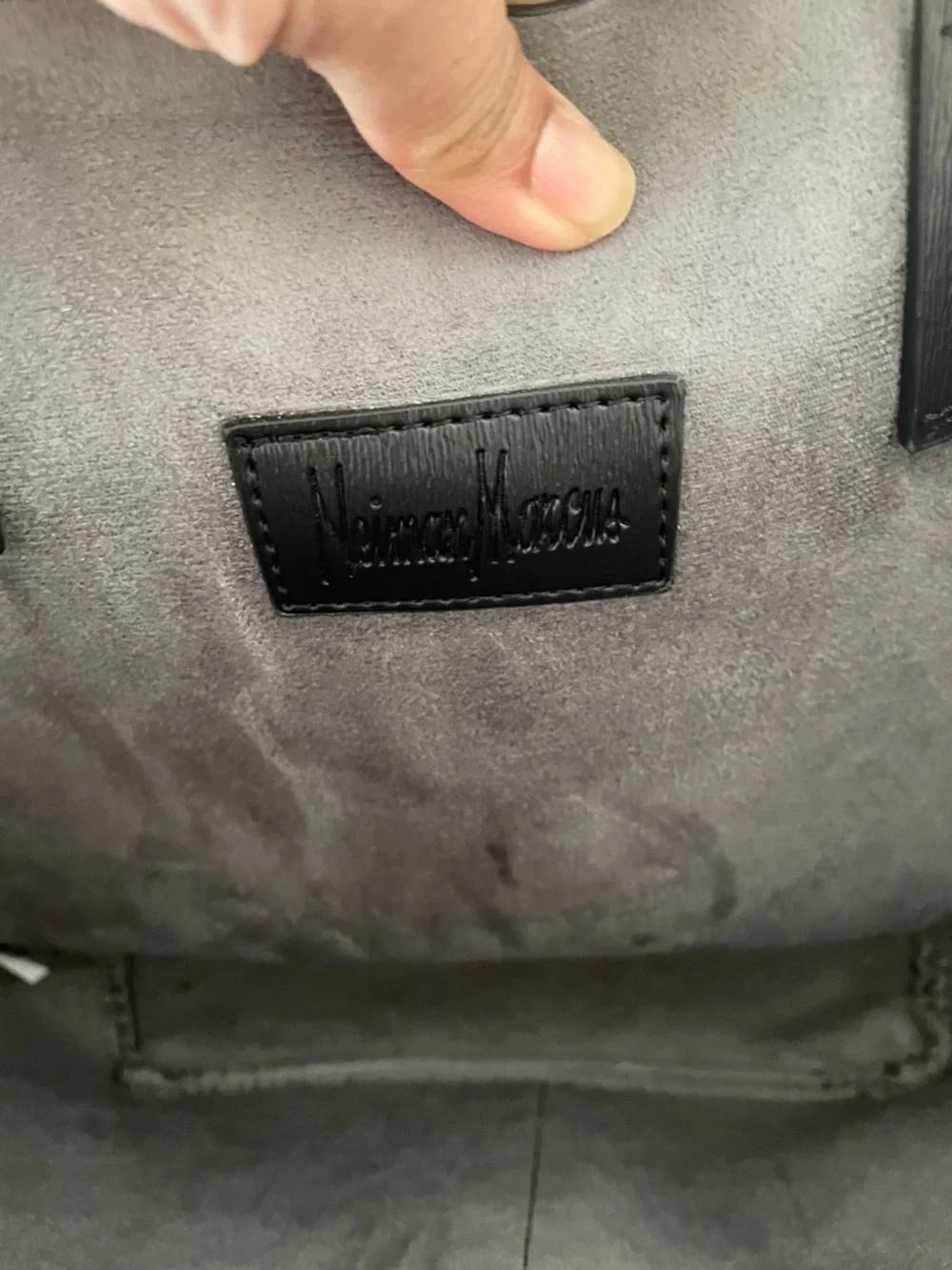 Neiman Marcus black faux leather tote bag with front pockets